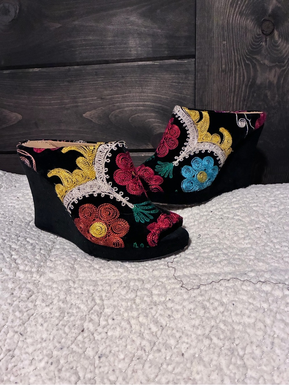 Rockwell Tharp Black Hand Embroidered Floral Wedge Mules, size 39, multicolor